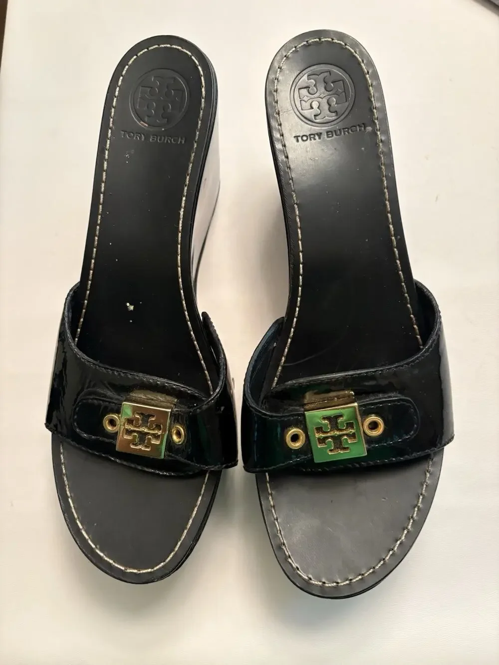 Tory Burch Sz 9 Place Patent Leather Wedge Heel Slip On Sandals